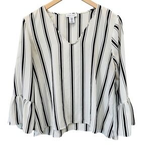 Whimsical White Black Striped V-Neck Peplum Bell‎ Ruffle Sleeve Blouse Career M